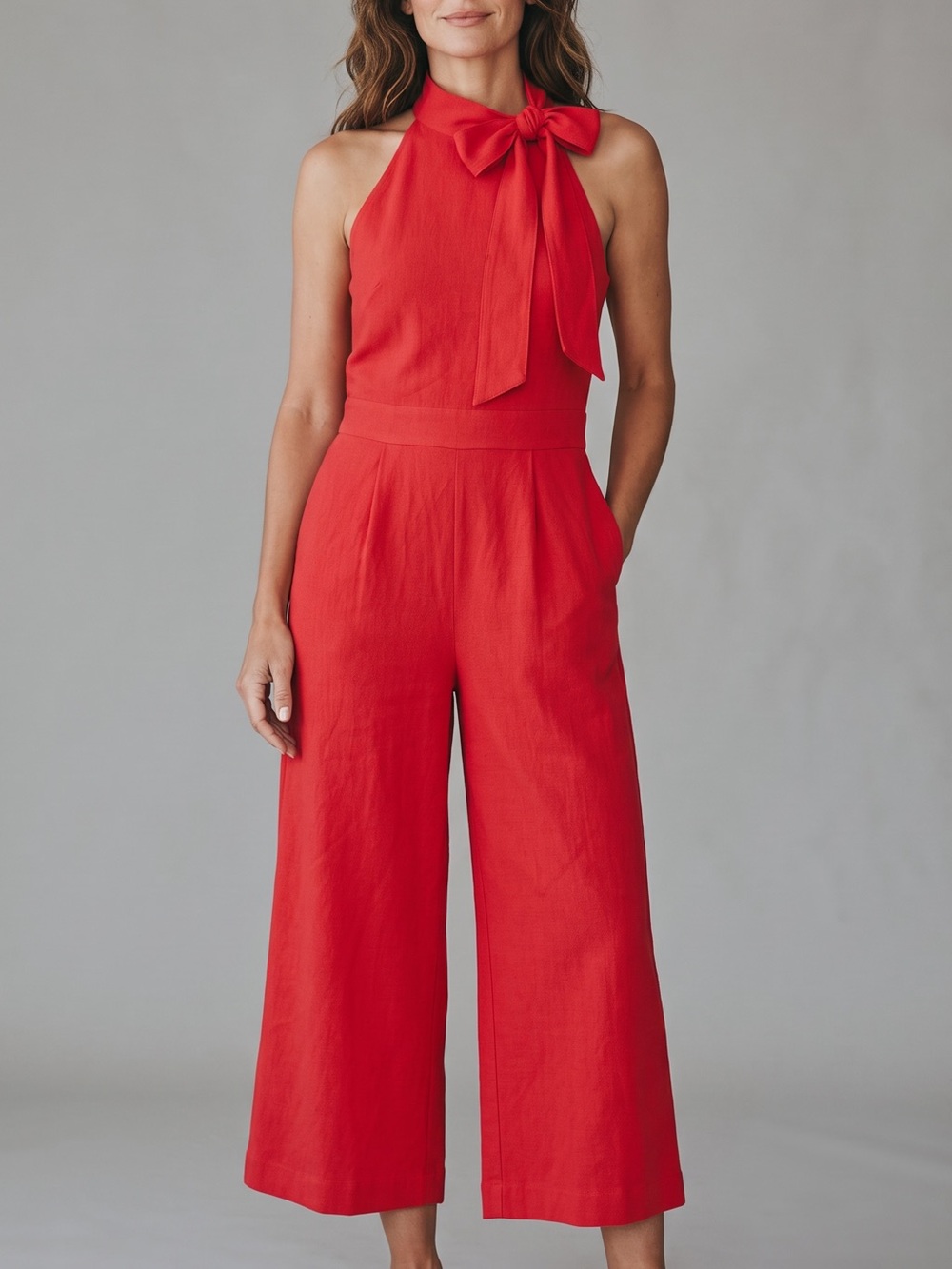Vince Camuto Jumpsuit 2 Coral Red Halter Bow Quiet Luxury Romantic Cocktail